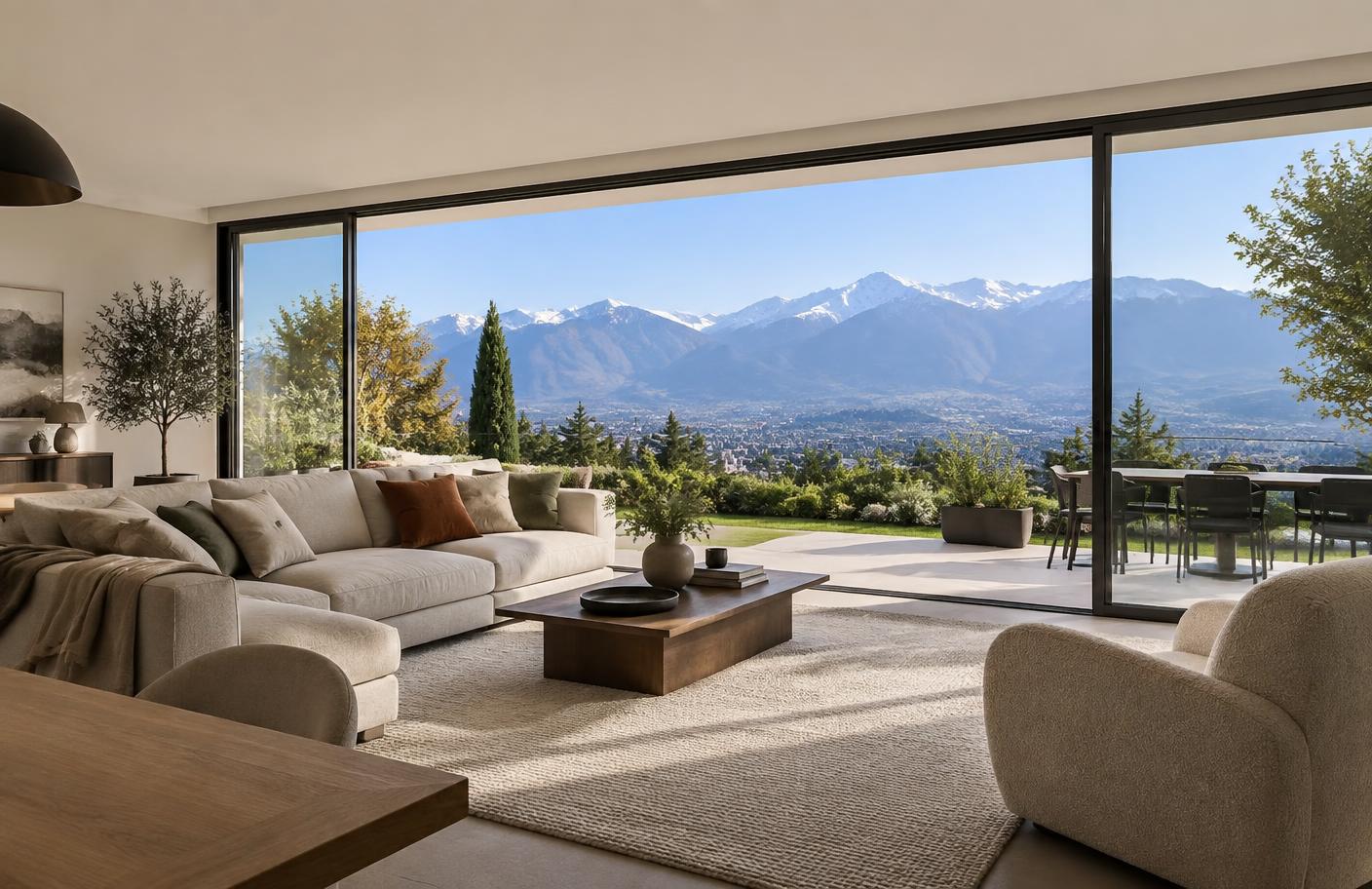 Salon grenoblois ouvert sur les Alpes par une baie vitrée